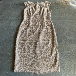 Adrianna Papell Midi Sequin Dress Sz 6 Nude Tan Beige Silver Sleeveless Feather